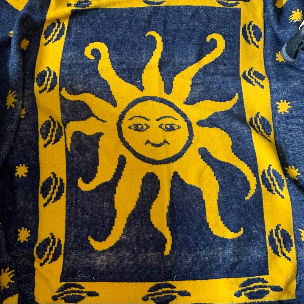 Picnic yellow and blue sun, moon planet and stars blanket 65x72” soft cozy Y2K